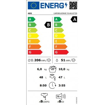AEG LWR98165NXE 9000 Absolutecare Πλυντήριο-Στεγνωτήριο Ρούχων 10kg/6kg Ατμού 1600 Στροφές με Wi-Fi AEG LWR98165NXE 9000 Absolutecare Πλυντήριο-Στεγνωτήριο Ρούχων 10kg/6kg Ατμού 1600 Στροφές με Wi-Fi